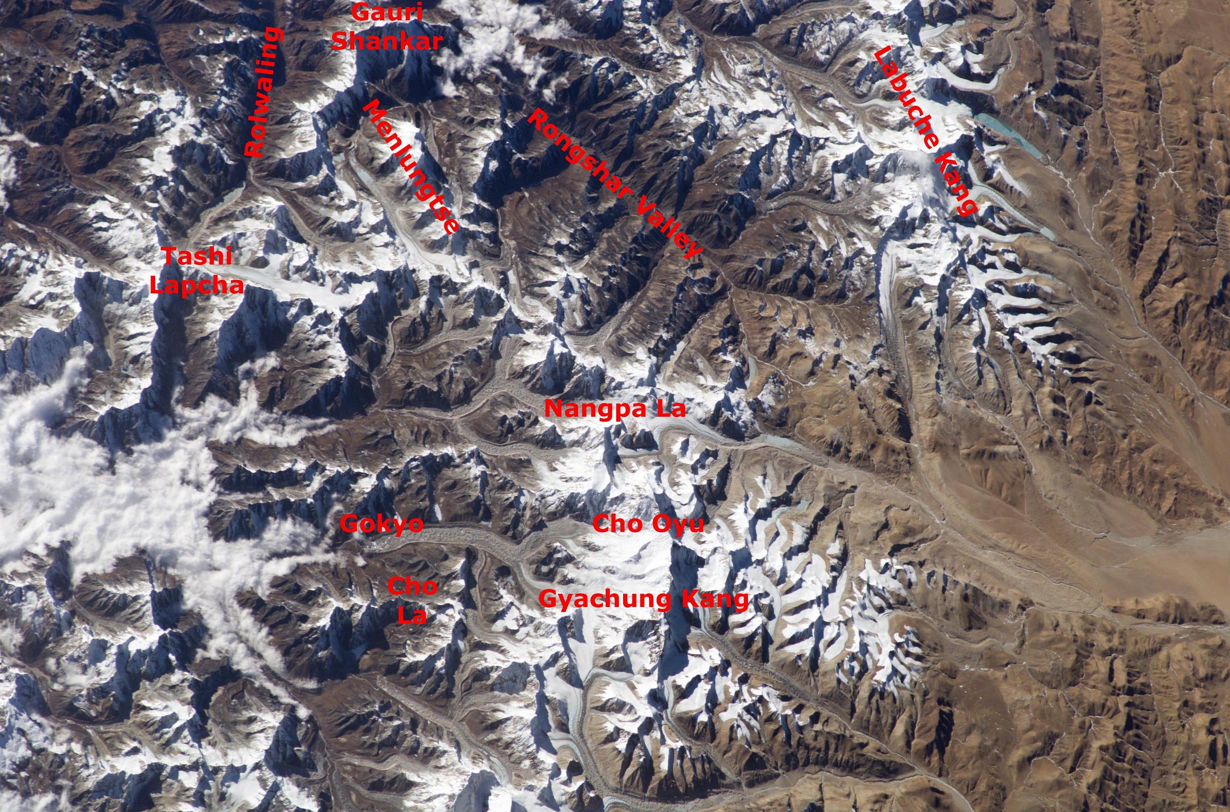 15 Nasa ISS006-E-13664 Gauri Shankar, Menlungtse, Cho Oyu To Gyachung Kang With Labels Nasa has taken some excellent mountain photos over the years. This view spans Gauri Shankar, Menlungtse, Rongshar Valley, Labuche Kang, Tashi Lapcha pass, Gokyo, Cho Oyu (8201m), Gyachung Kang (7952m), Cho La.